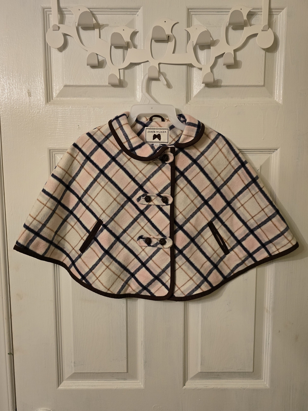 Janie and Jack Pink Plaid Cape with Navy Trim and Cream Windowpane